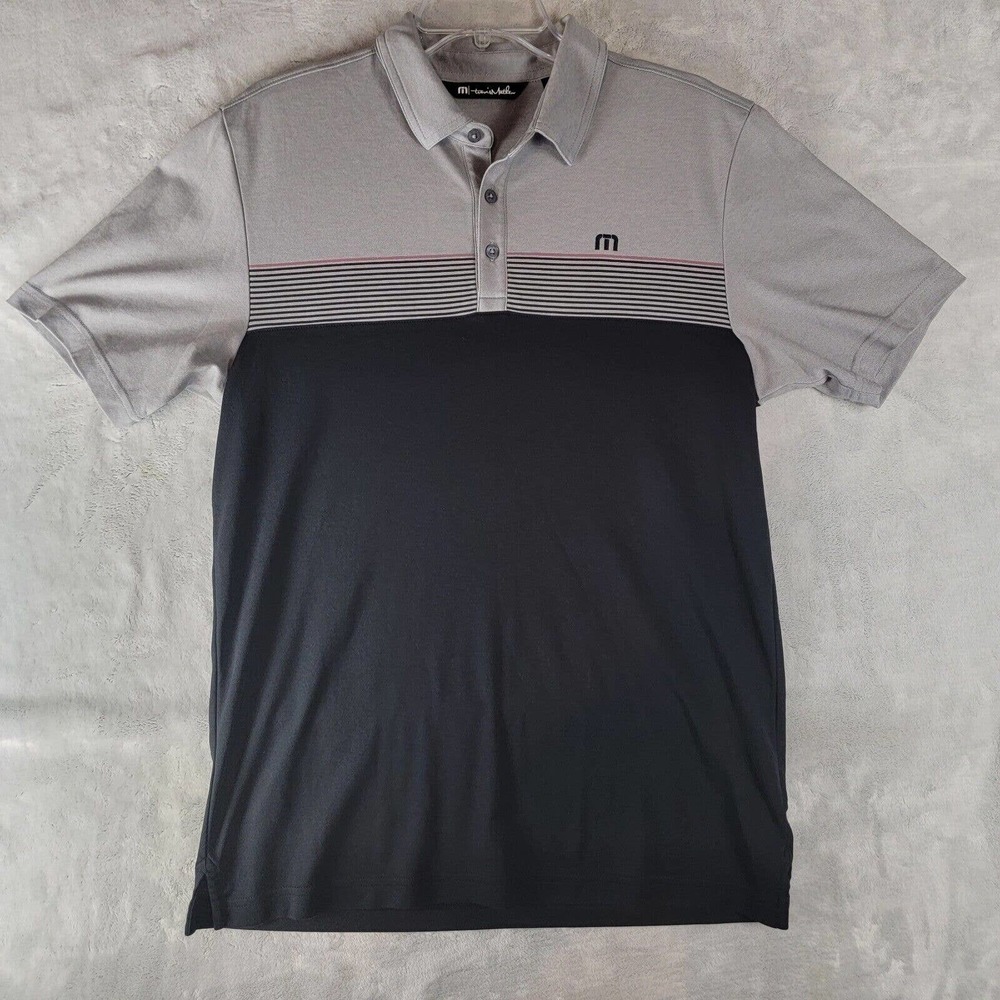 Travis Mathew Polo Golf Shirt Mens Medium White Gray Chest Stripes Casual